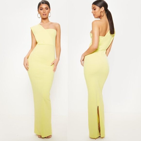PrettyLittleThing Dresses & Skirts - PrettyLittleThing Light Lime One Shoulder Maxi Gown Dress Back Slit Crepe